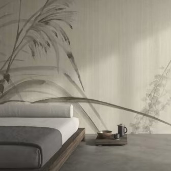 Wallpaper minimalist cu design de plante, tonuri neutre.