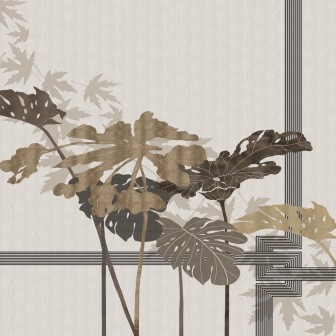 Wallpaper cu frunze luxuriante și linii grafice