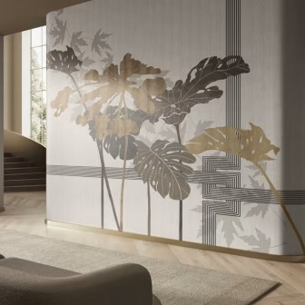 Wallpaper cu frunze luxuriante și linii grafice