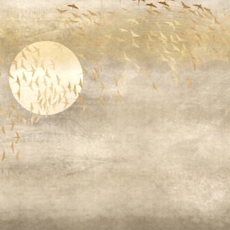 Tapet cu design elegant, păsări aurii și apus de soare