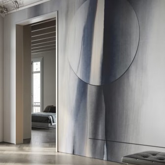 Tapet abstract cu cerc albastru și linii verticale.