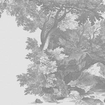 Wallpaper Pompei Variant 2 cu un design clasic reprezentând o peisaj cu un râu, stânci și copaci.