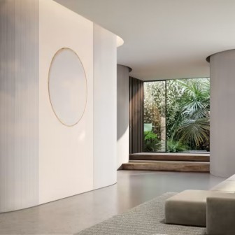 Tapet Paradiso, Variant 1, cu un design modern, minimalist, cu nuanțe de gri și un cerc auriu.