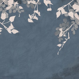 Tapet cu design minimalist, cu frunze albe pe un fundal albastru închis.