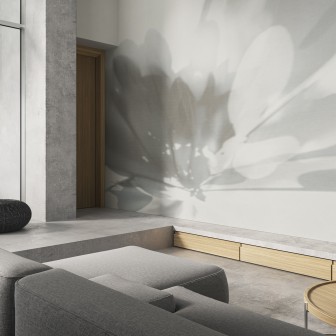 Tapet cu design minimalist, cu o floare delicată, ale cărei umbre se proiectează pe un fundal alb.