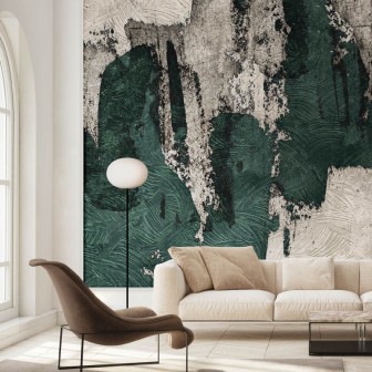 Fototapet abstract modern cu tonuri neutre și accente de verde intens.