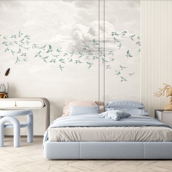 Swallow Cloud, Vert Opaline, PaperMint, un tapet cu păsări care zboară pe un fundal de nori, perfect pentru un dormitor modern