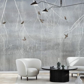 Fototapet cu model Bohemian Birds Pale Blue - un design minimalist cu ramuri albe și păsări gri pe un fundal albastru pal.