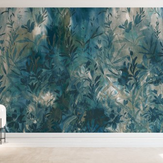 Tapet cu frunze delicate in nuante de verde si albastru