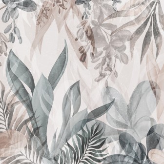 Wallpaper modern cu design botanic, cu nuanțe calde de roz și verde.