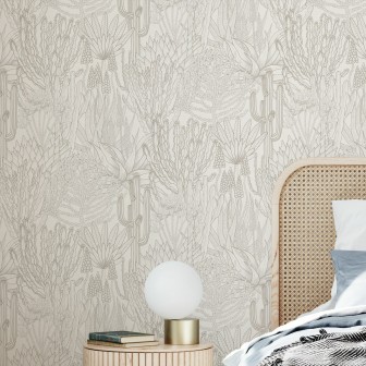 Tapet cu design minimalist, prezentând o colecție de cactuși și plante suculente în nuanțe de os.