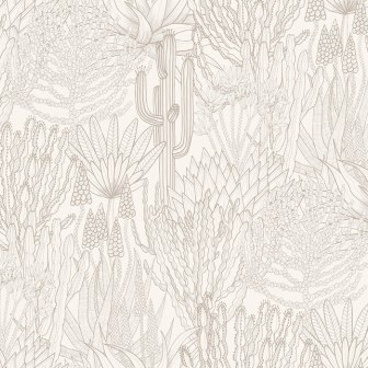 Tapet cu design minimalist, prezentând o colecție de cactuși și plante suculente în nuanțe de os.