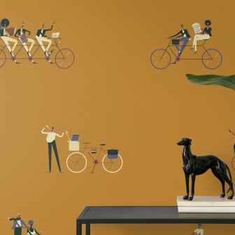 Tapet cu design grafic modern, Ride III. Imagine cu personaje pe biciclete.