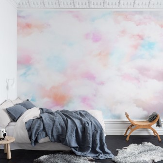 Tapet cu nori colorati in nuante pastelate de roz, albastru si portocaliu.