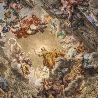 Tapet cu design de tavan pictat cu figuri angelice, cu detalii impecabile.