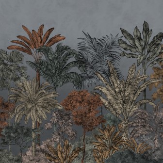 Tapet Tropical Bellewood, Night, cu palmieri înalți și flori exotice pe un fundal de noapte.