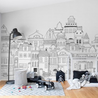 Fototapet cu case stilizate alb-negru într-o cameră de copii modernă