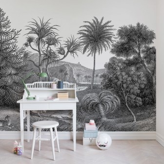 Fototapet cu peisaj de junglă în alb și negru, stil artistic