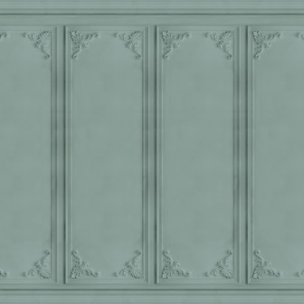 Tapet 3D cu panouri franceze în nuanțe de gri, folosit într-un interior modern cu o masă de dining din lemn masiv și scaune negre