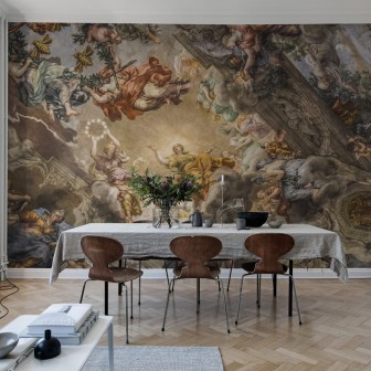 Tapet cu design de tavan pictat cu figuri angelice, cu detalii impecabile.