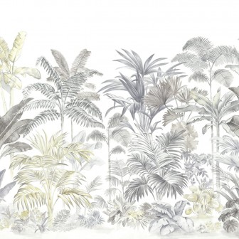 Tapet cu palmieri desenati in tonuri de gri si verde deschis