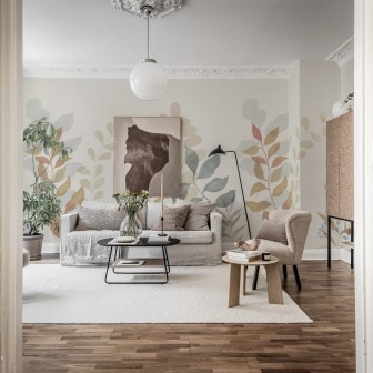 Fototapet cu design frunze stilizate în living