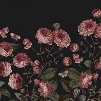 Tapet Sweet Buttercups, Midnight, cu flori roz-pale pe un fundal negru, in dormitor
