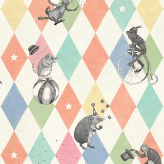 Tapet cu un design distractiv de circ pentru copii.  Are un model cu animale care fac acrobatii, baloane, stele si un fundal colorat in diamante.