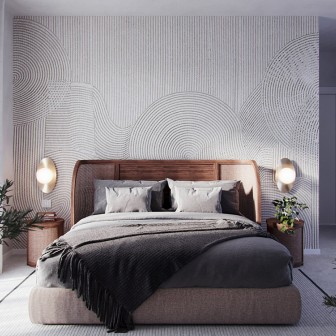 Wallpaper Sakamoto Grey cu design minimalist, în dormitor