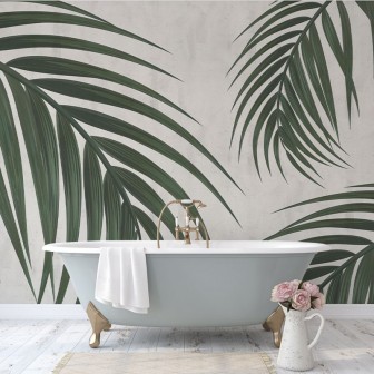Tapet cu frunze de palmier Gentle Leaves - Imagine cu o baie modernă cu tapetul aplicat pe perete