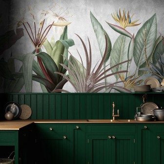 Tapet modern Elegant Flora, cu un design floral tropical, cu frunze bogate, flori albe delicate și o pasăre exotică colorată.