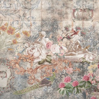 Tapet vintage cu flori delicate si pasarele multicolore