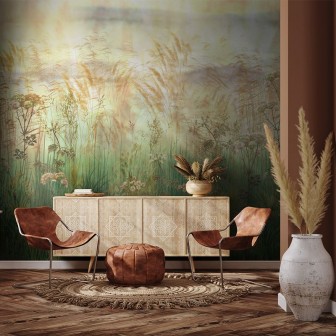 Fototapet cu peisaj verde-auriu la apus