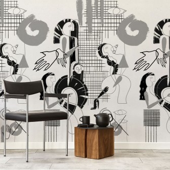 Tapet abstract cu figuri geometrice și linii grafice în tonuri de gri și negru.