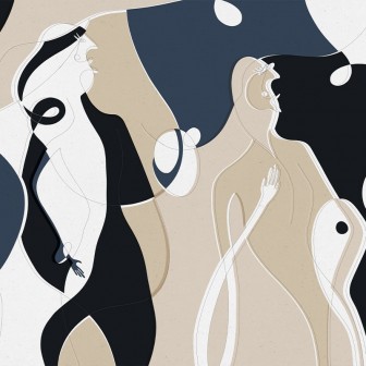 Tapet abstract modern cu siluete feminine, în nuanțe de albastru, negru și bej.