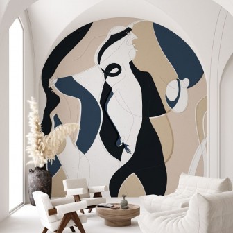 Tapet abstract modern cu siluete feminine, în nuanțe de albastru, negru și bej.