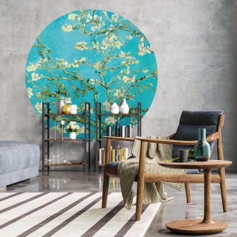 Round Almond Blossom wallpaper, 190cm diameter, featuring a vibrant blue background with white blossoms