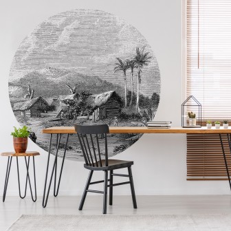 Wallpaper rotund cu Peisaj din Guadalupe, cu o imagine în alb negru, cu palmieri, case și munți,  pe un perete alb