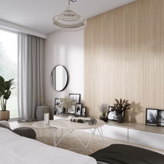 Panou decorativ 3D riflat cu aspect de stejar natural într-un living modern